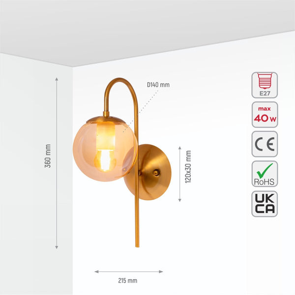 Amber Globe Glass Gold Aluminium Bronze Cane Metal Downward Wall Light E27 Fitting