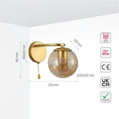 Amber Globe Glass Gold Ellipse Metal Body Modern Wall Light with Pull Down Switch E27 Fitting