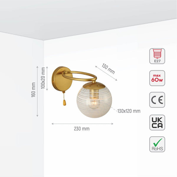 Clear Globe Glass Gold Metal Ellipse Vintage Retro Wall Light with Pull Down Switch E27 Fitting