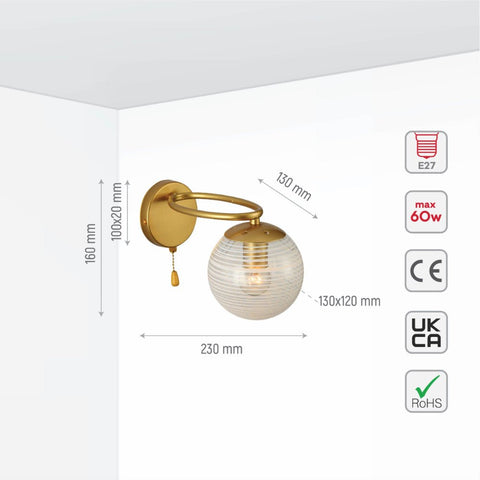 Clear Globe Glass Gold Metal Ellipse Vintage Retro Wall Light with Pull Down Switch E27 Fitting