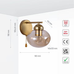 Amber Globe Glass Gold Metal Vintage Retro Wall Light with Pull Down Switch E27 Fitting