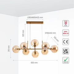 Amber Globe Glasses Gold Metal Body Kitchen Island Chandelier Ceiling Light 8xE14 Fittings