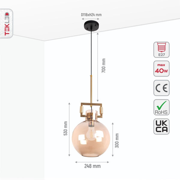 Amber Globe Funnel Dome Glass Gold Metal Body Ceiling Pendant Light