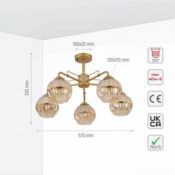 Amber Reeded Globe Glass Gold Metal Industrial Vintage Retro Semi Flush Ceiling Light E27 Fittings