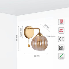 Reeded Glass Wall Light with Pull Down Switch E27 Fitting
