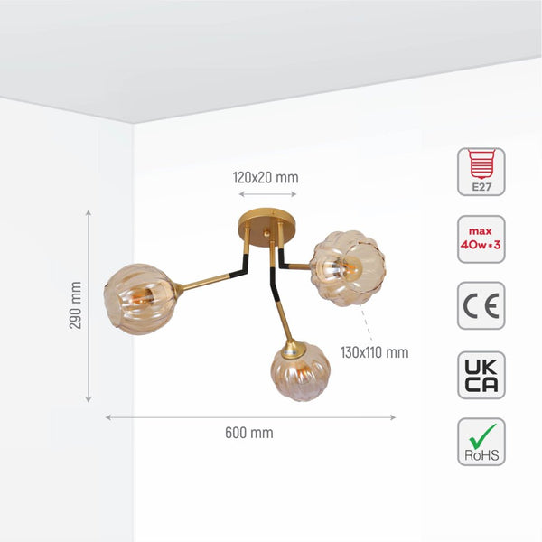 Amber Reeded Globe Glass Gold Metal Vintage Retro Semi Flush Ceiling Light E27 Fittings