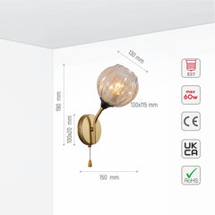 Amber Reeded Globe Glass Gold Metal Vintage Retro Wall Light with Pull Down Switch E27 Fitting