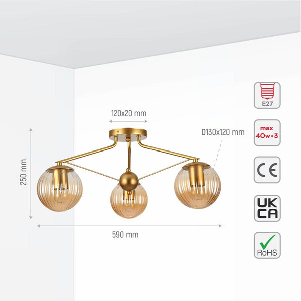 Amber Reeded Globe Gold Semi Flush Ceiling Light E27