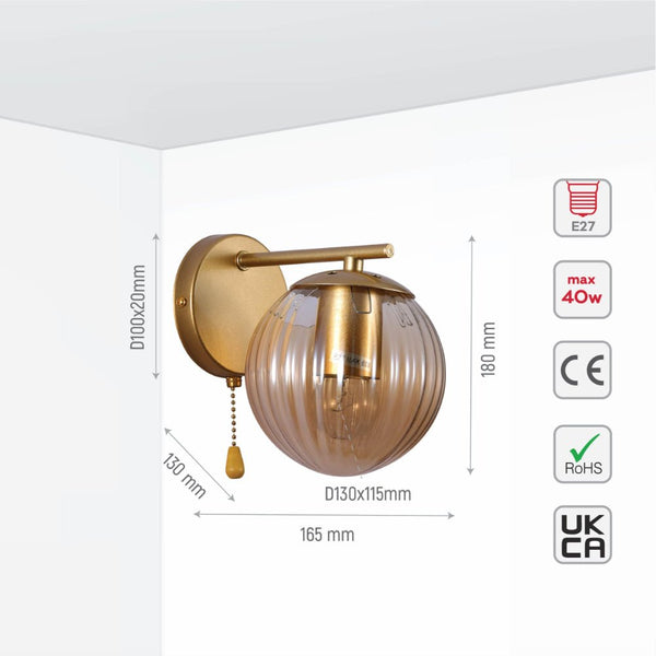 Amber Reeded Globe Gold Wall Light E27 Pull Down Switch