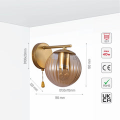 Amber Reeded Globe Gold Wall Light E27 Pull Down Switch
