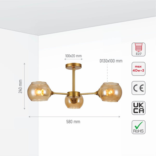 Amber Sides Open Globe Glass Gold Semi Flush Ceiling Light E27