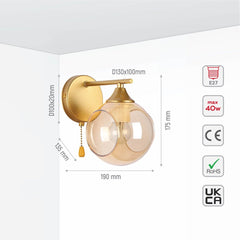 Amber Sides Open Globe Glass Gold Wall Light E27 Pull Down Switch