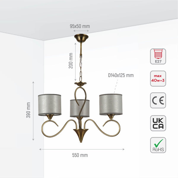 Antique Brass Arm Grey Cylinder Shaded Candle Vintage Chandelier Ceiling Light E27 Fittings
