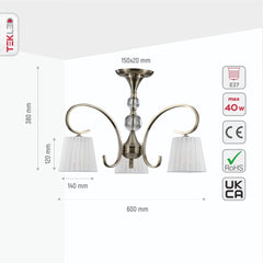 Antique Brass Metal Body Rice White Fabric Shaded Vintage Traditional Retro Ceiling Chandelier Light E27