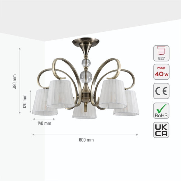 Antique Brass Metal Body Rice White Fabric Shaded Vintage Traditional Retro Ceiling Chandelier Light E27