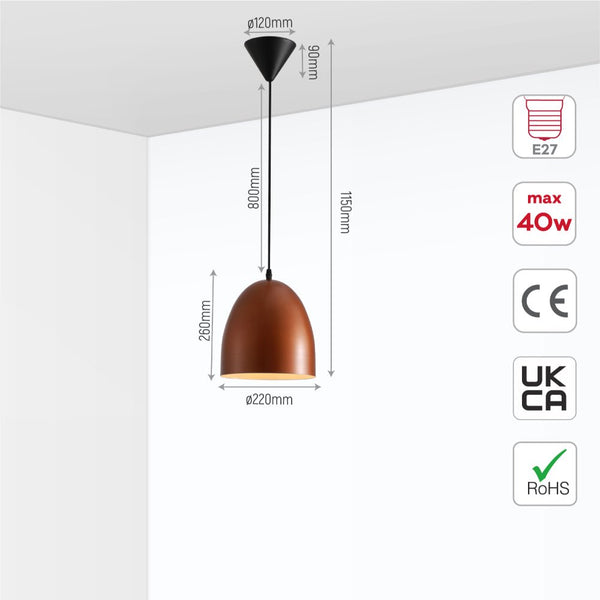 Antique Copper Dome Metal Pendant Ceiling Light E27 Fitting