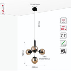 Atom Model Globe Glass Black Metal Body Chandelier Ceiling Pendant Light E27