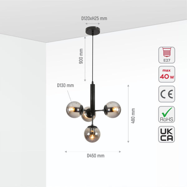 Atom Model Globe Glass Black Metal Body Chandelier Ceiling Pendant Light E27