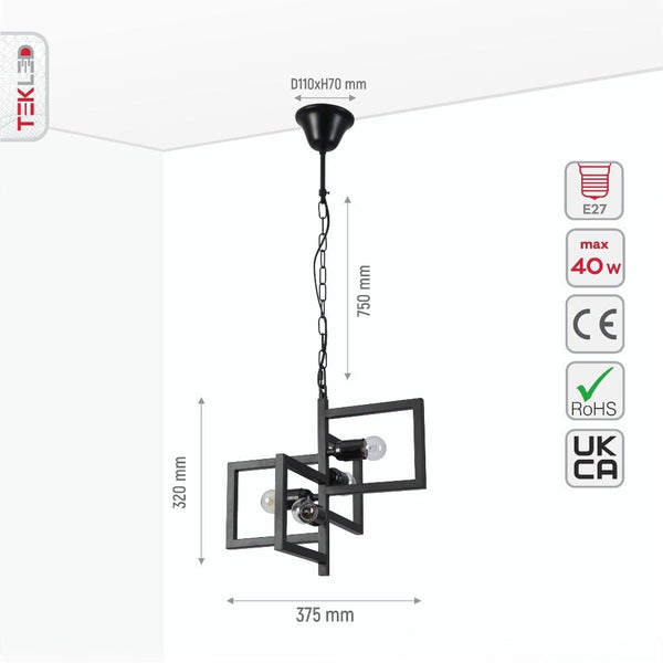 Black 4 Rectangle Chandelier Pendant Ceiling Light E27