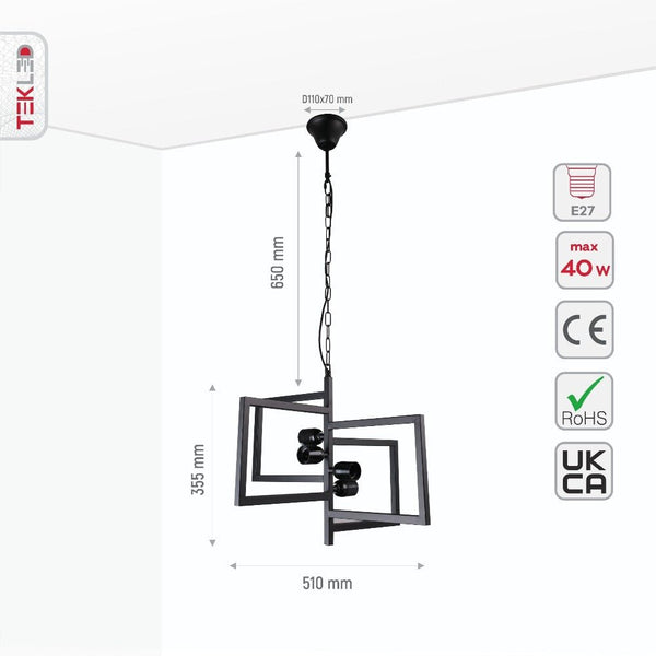 Black 4 Rectangle Chandelier Pendant Ceiling Light E27
