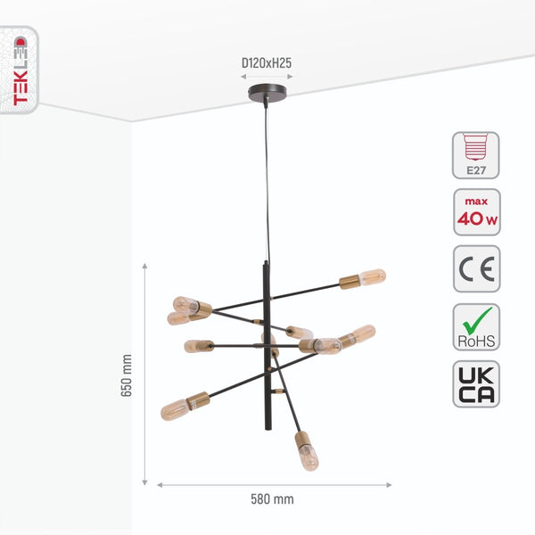 Black and Gold Sputnik Rod Modern Pendant Chandelier Ceiling Light E27