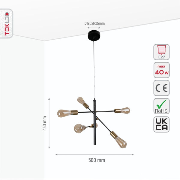 Black and Gold Sputnik Rod Modern Pendant Chandelier Ceiling Light E27