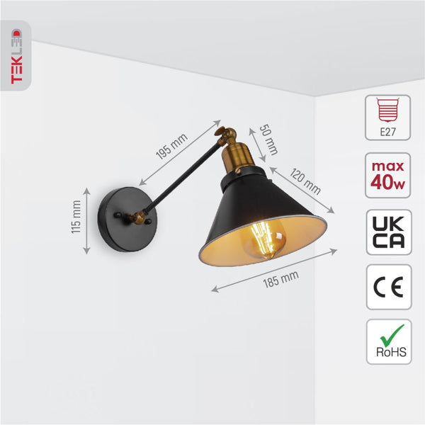 Black Antique Brass Metal Funnel Hinged Wall Light E27 Fitting