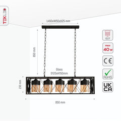 Black Caged Metal Amber Cylinder Glass Island Chandelier Ceiling Light 5xE27