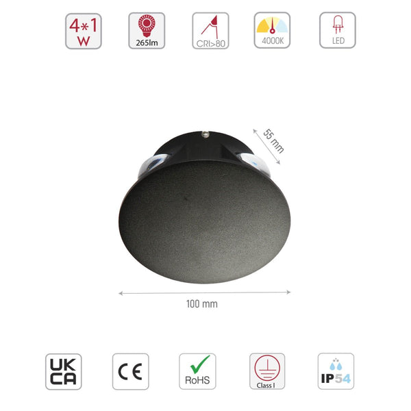 Black Compass 4 Way Outdoor Modern LED Wall Light
