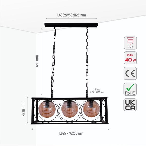 Black Cuboid Metal Amber Globe Glass Island Chandelier Ceiling Light 3xE27