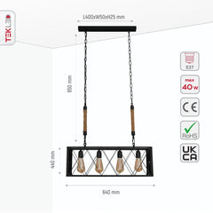 Black Cuboid Metal Island Chandelier Ceiling Light 4xE27