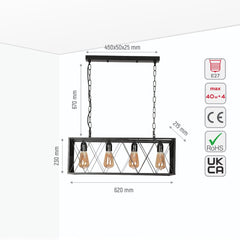 Black Cuboid Metal Kitchen Island Chandelier Ceiling Light 4xE27