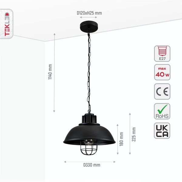 Black Dome Caged Industrial Metal Ceiling Pendant Light E27 Fitting