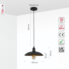 Black Flat Dome Industrial Metal Ceiling Pendant Light E27 Fitting