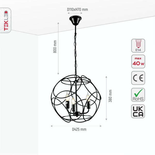 Gold Aluminium Bronze or Black Globe Cage Pendant Chandelier Ceiling Light E14