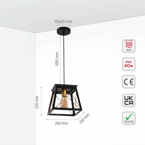 Black Gold Caged Industrial Retro Square Pendant Ceiling Light E27