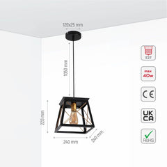 Black Gold Caged Industrial Retro Square Pendant Ceiling Light E27
