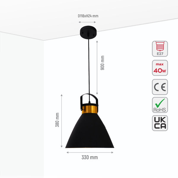 Loft Cafe Bar Counter Exhibition Hall Pub Aisle Black Gold Funnel Handled Metal Pendant Ceiling Light