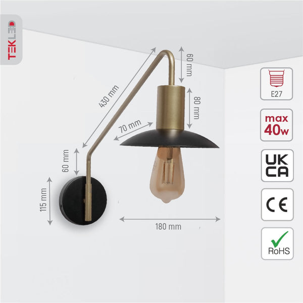 Black Gold Metal Flat Wall Light E27 Fitting