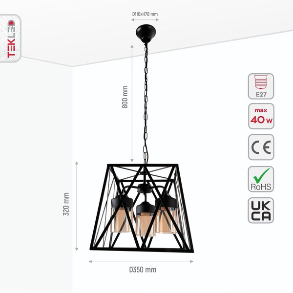 Black Metal Body Amber Cylinder Glass Cage Cuboid Chandelier Ceiling Light 3xE27