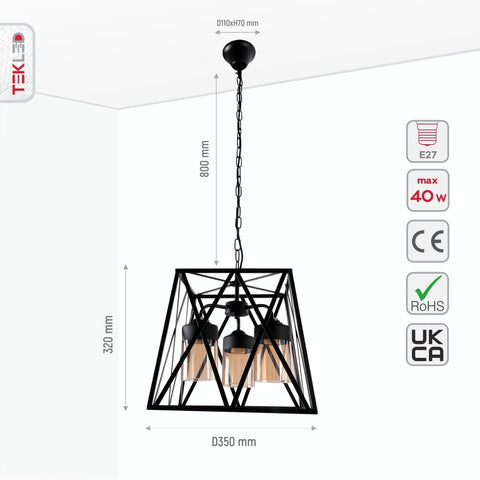 Black Metal Body Amber Cylinder Glass Cage Cuboid Chandelier Ceiling Light 3xE27
