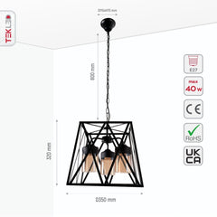 Black Metal Body Amber Cylinder Glass Cage Cuboid Chandelier Ceiling Light 3xE27