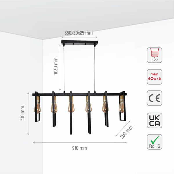 Black Metal Body Cage Modern Kitchen island Chandelier Ceiling Light with Gold 6xE27 Fittings
