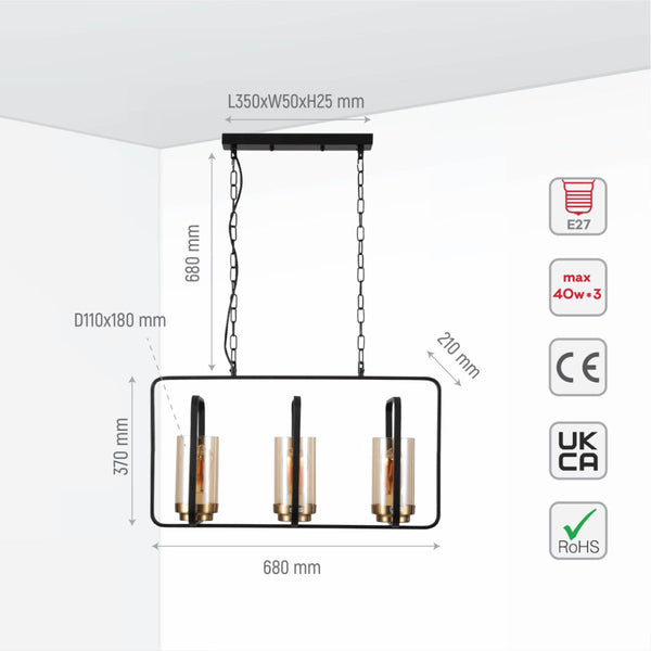 Black or God Metal Cage Body Amber Cylinder Glass Kitchen Island Chandelier Pendant Ceiling Light E27