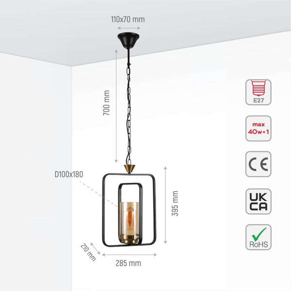 Black or God Metal Cage Body Amber Cylinder Glass Kitchen Island Chandelier Pendant Ceiling Light E27