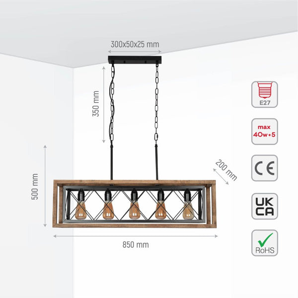 Black Metal Cage Old Wood Cuboid Kitchen Island Chandelier Ceiling Light 5xE27