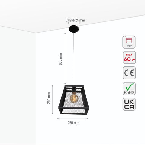 Black Metal Cuboid Caged Pendant Ceiling Light E27