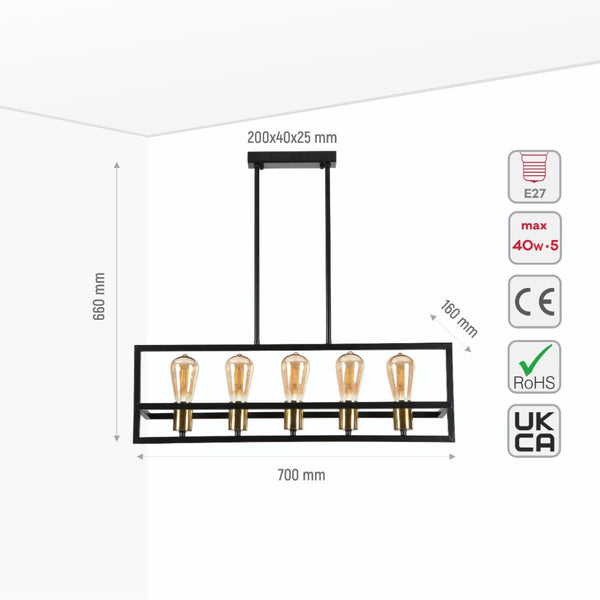Black Metal Cuboid Kitchen Island Chandelier Ceiling Light 5xE27