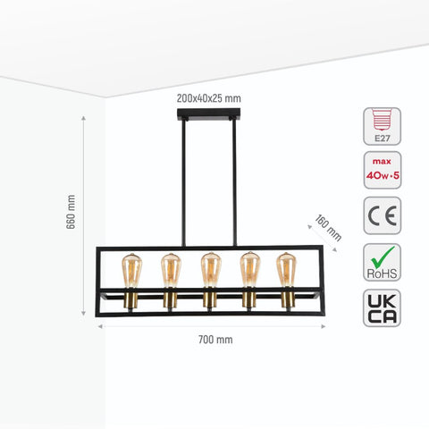 Black Metal Cuboid Kitchen Island Chandelier Ceiling Light 5xE27