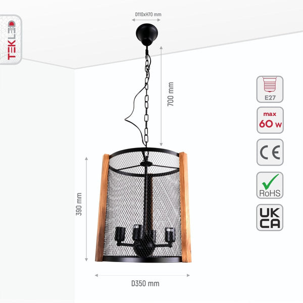 Black Metal Wood Cylinder Cage Pendant Ceiling Light E27